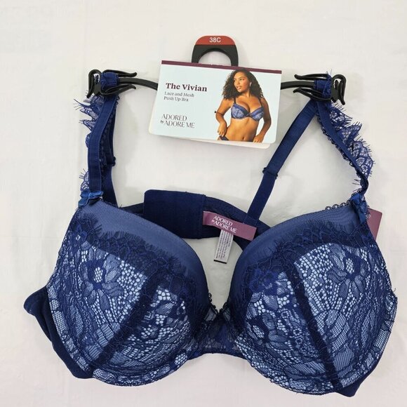 Adore Me Woman’s Blue Vivian Lace Mesh Push Up Underwire Bra – Size 38C NWT - Picture 12 of 15